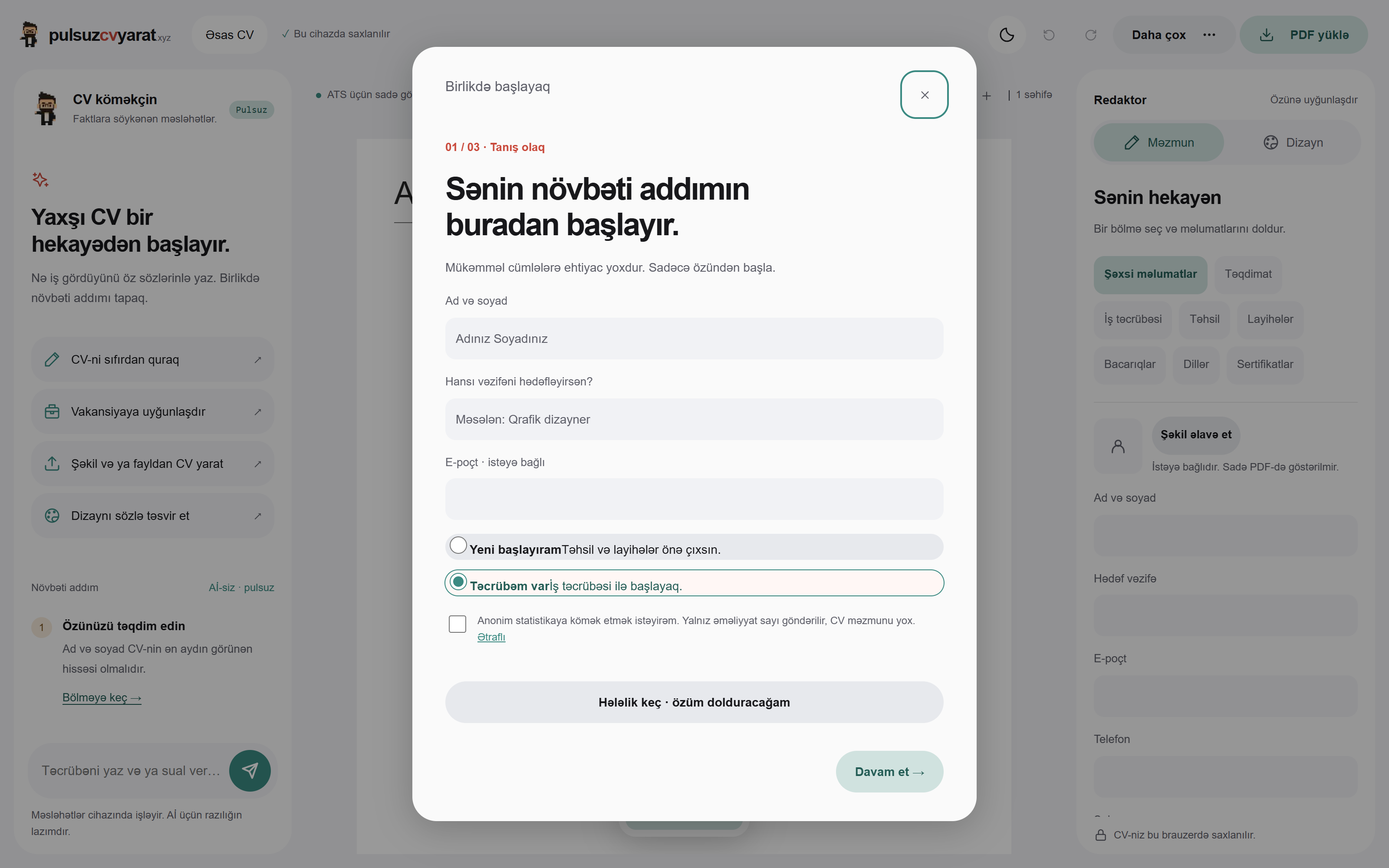 Pulsuz CV Yarat redaktorunda ad, hədəf vəzifə və təcrübə mərhələsi üçün başlanğıc pəncərəsi