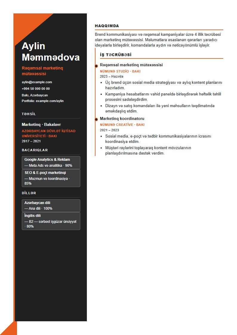 Avanqard CV şablonunun uydurma məlumatlarla önizləməsi