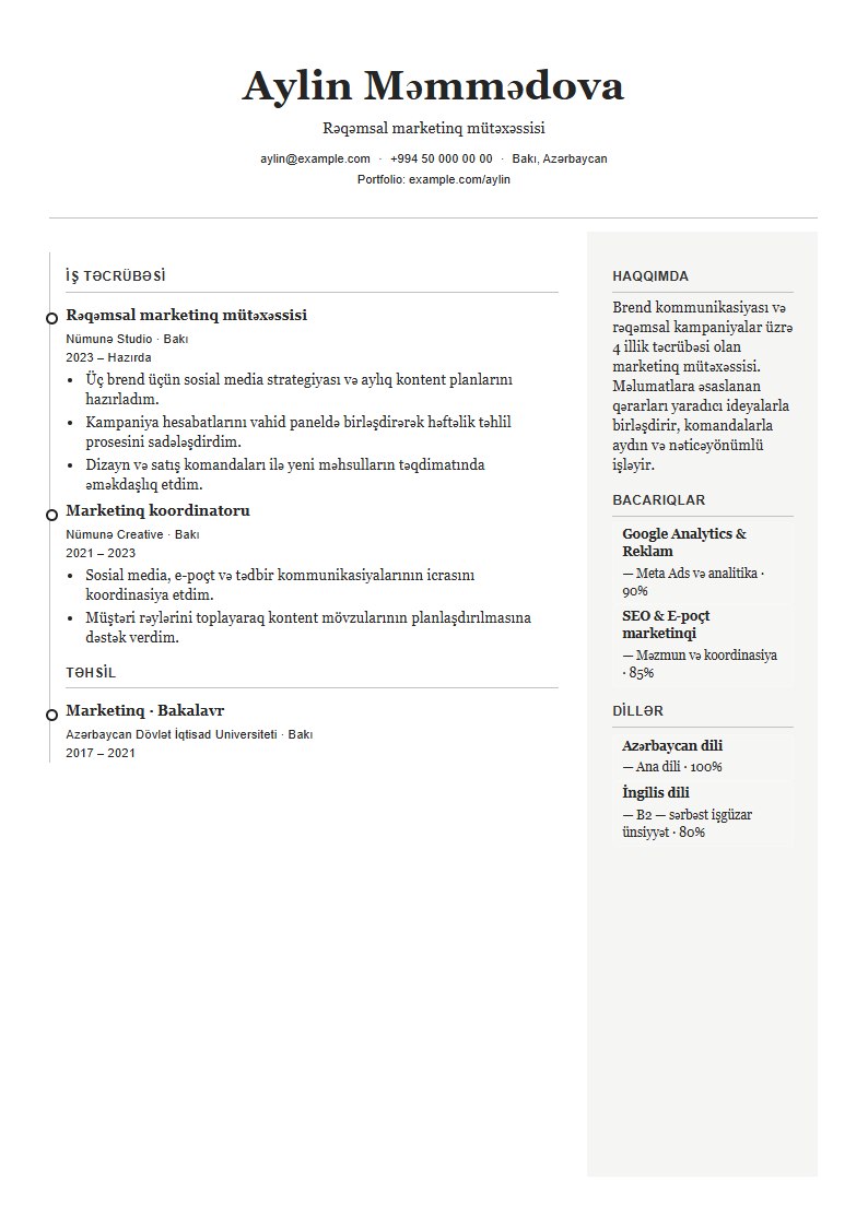 Rəsmi CV şablonunun uydurma məlumatlarla önizləməsi