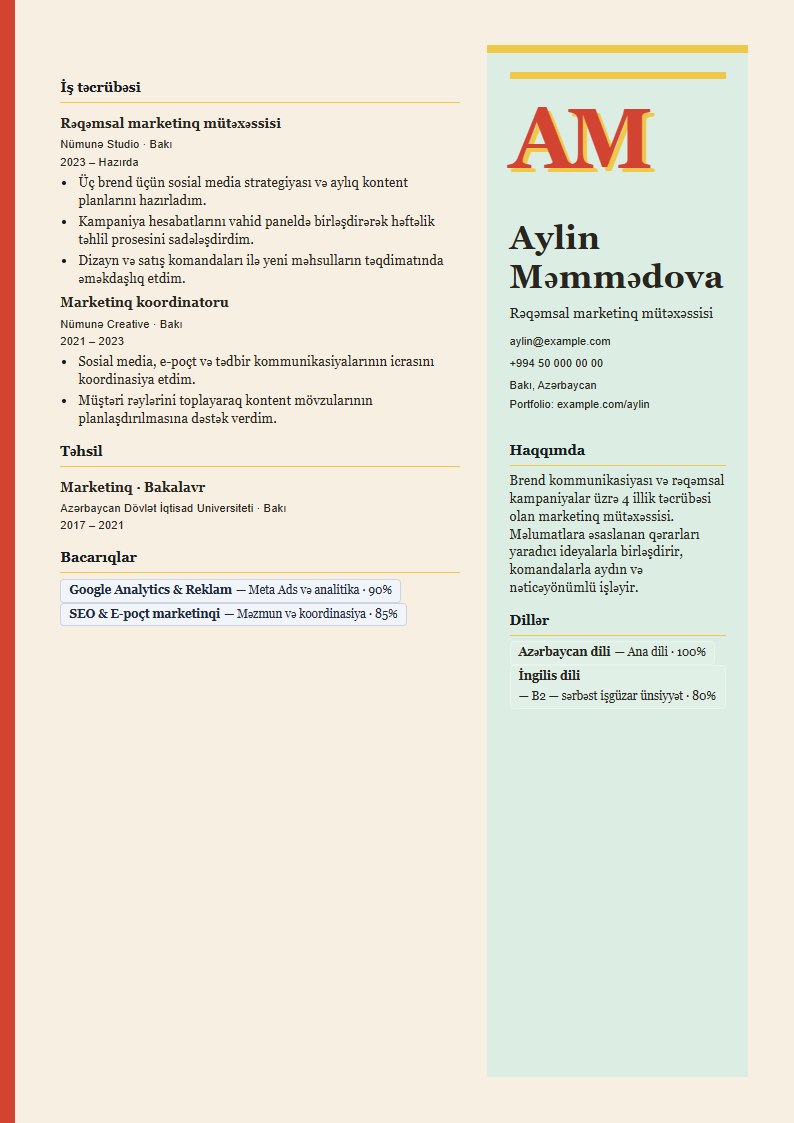 Studiya CV şablonunun uydurma məlumatlarla önizləməsi