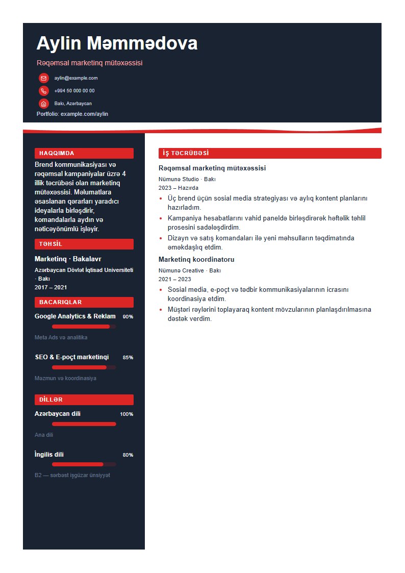 Dalğa CV şablonunun uydurma məlumatlarla önizləməsi