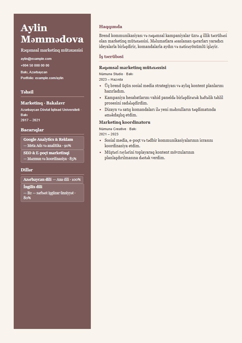 İmza CV şablonunun uydurma məlumatlarla önizləməsi