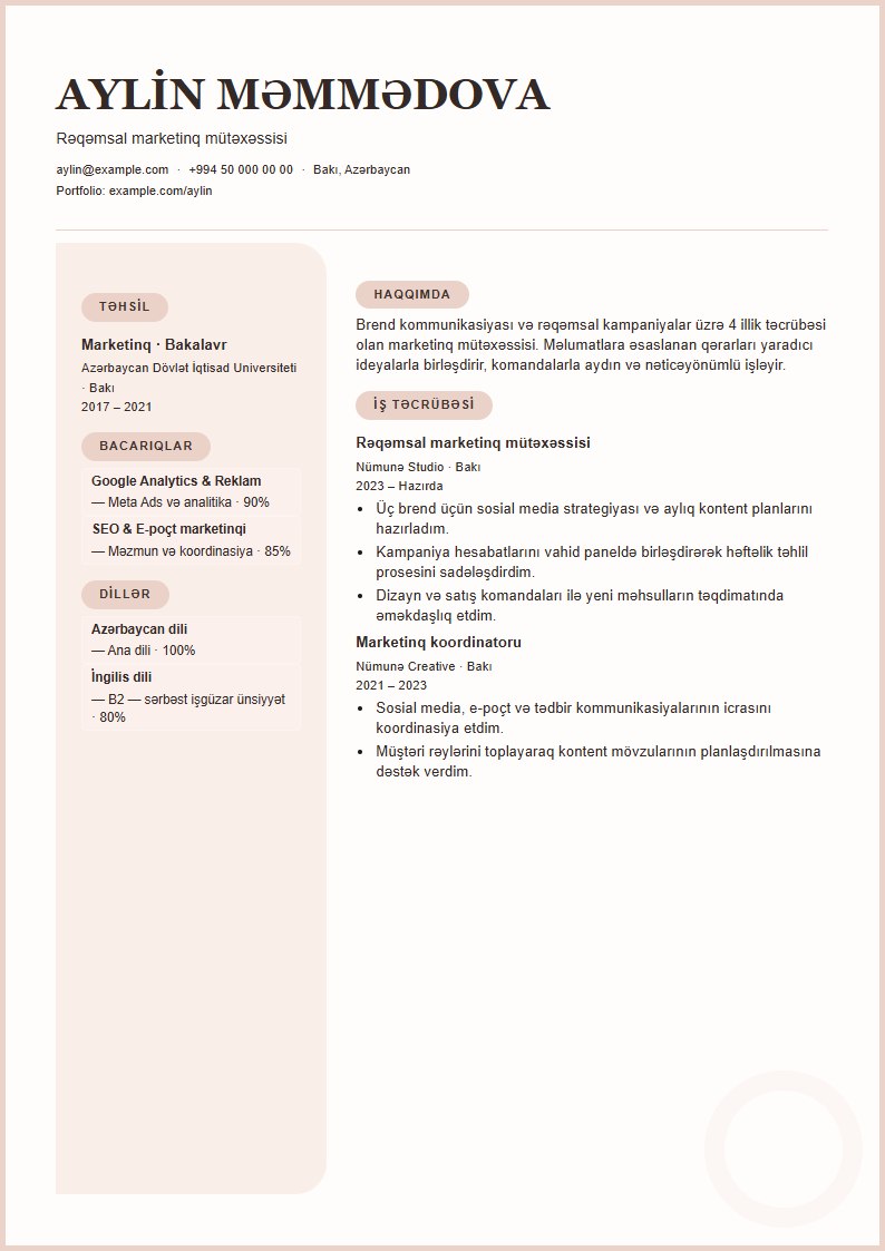 Harmoniya CV şablonunun uydurma məlumatlarla önizləməsi
