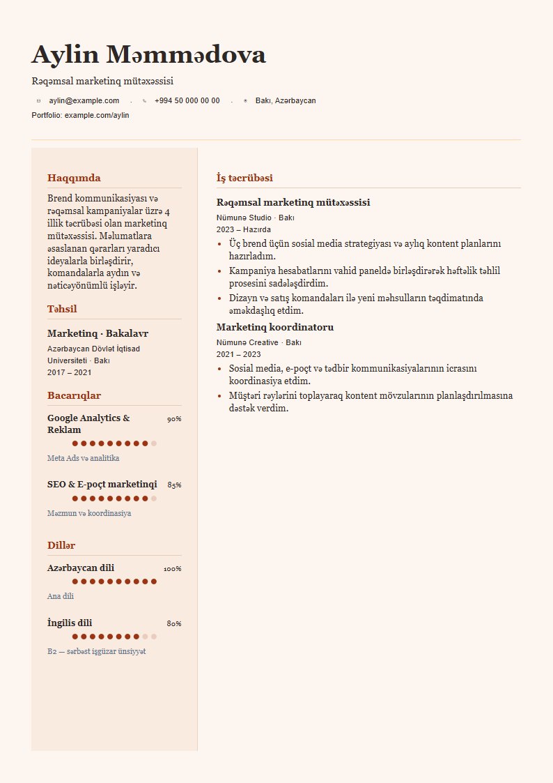 Kətan CV şablonunun uydurma məlumatlarla önizləməsi