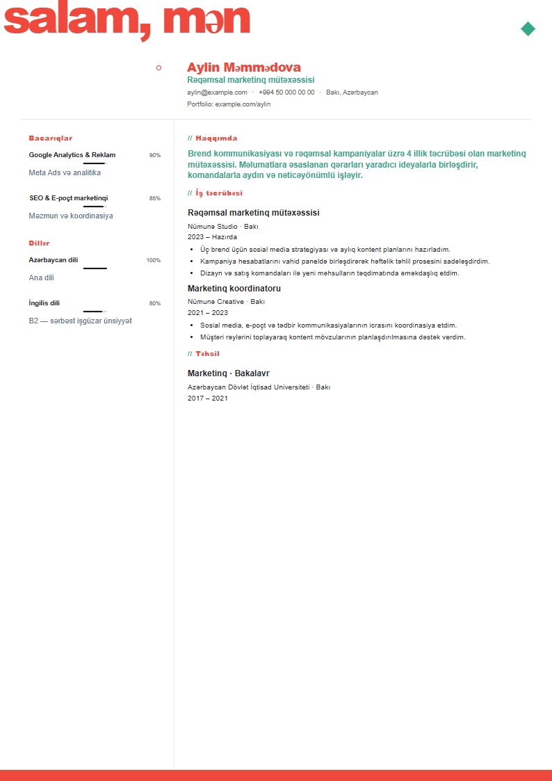 Kontur CV şablonunun uydurma məlumatlarla önizləməsi