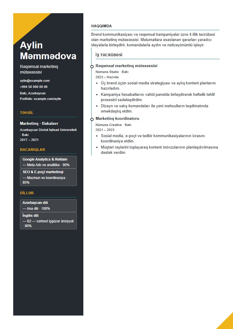 Fokus CV şablonunun uydurma məlumatlarla önizləməsi