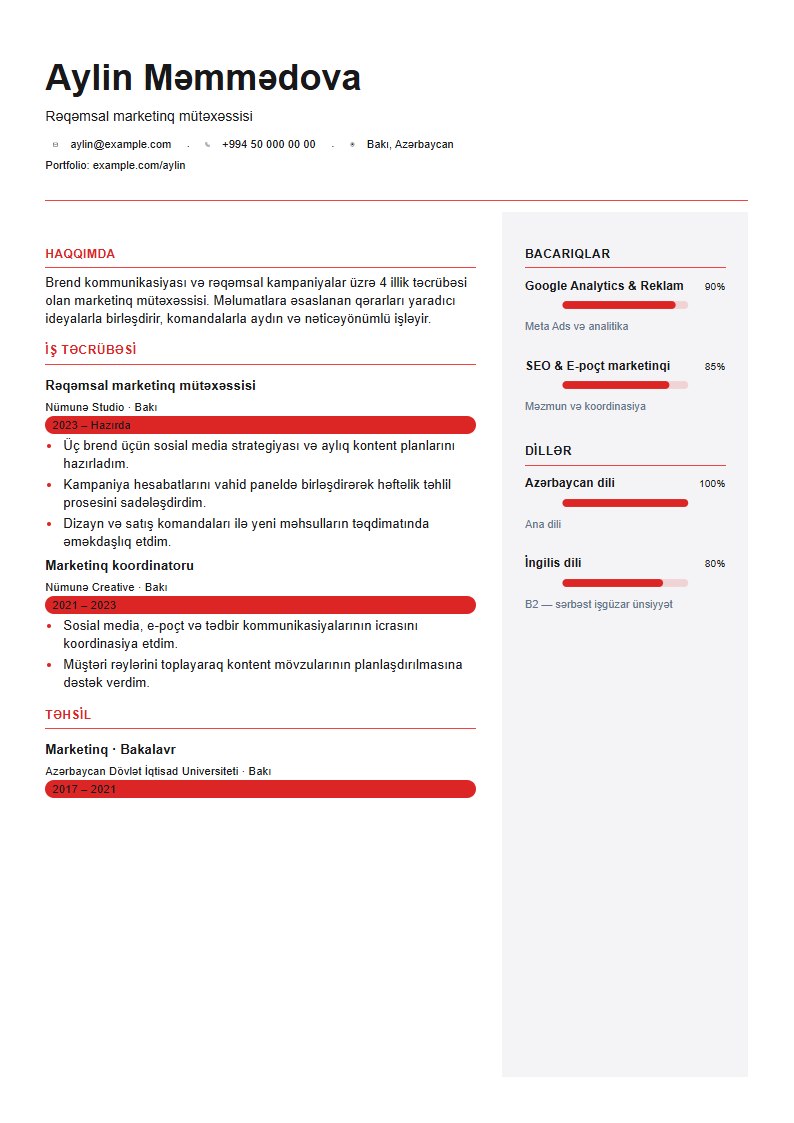 Modul CV şablonunun uydurma məlumatlarla önizləməsi