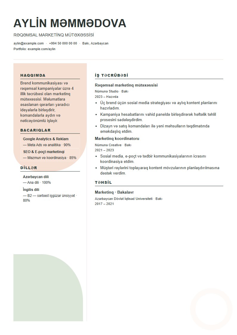 Orqanik CV şablonunun uydurma məlumatlarla önizləməsi