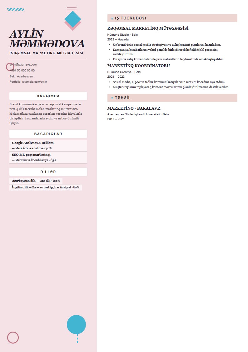 Pastel CV şablonunun uydurma məlumatlarla önizləməsi