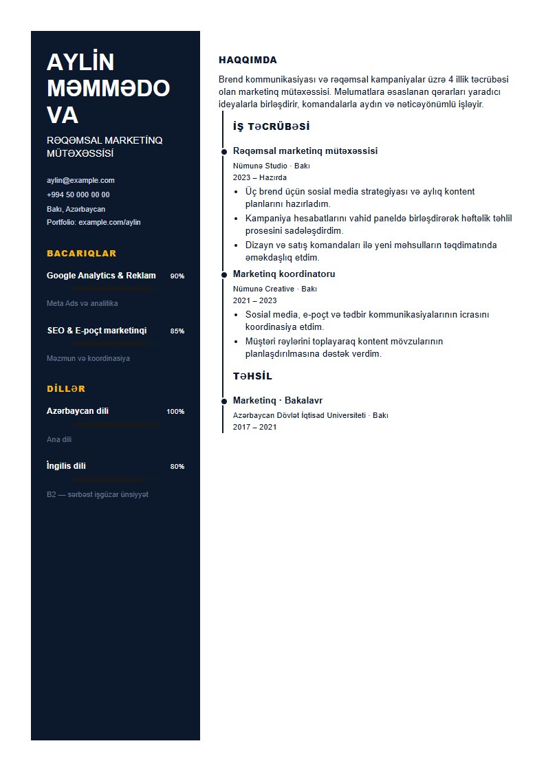 Safir CV şablonunun uydurma məlumatlarla önizləməsi