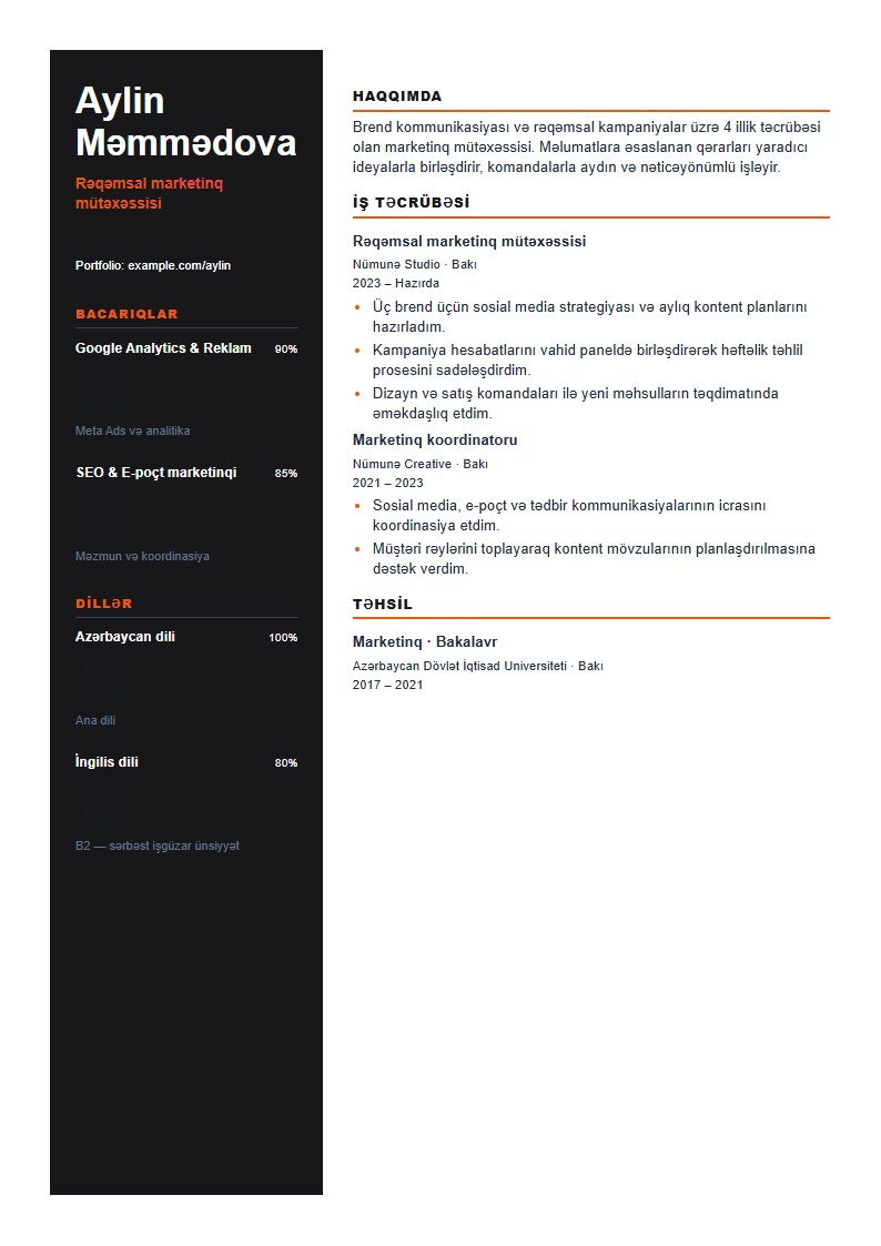 Şəfəq CV şablonunun uydurma məlumatlarla önizləməsi