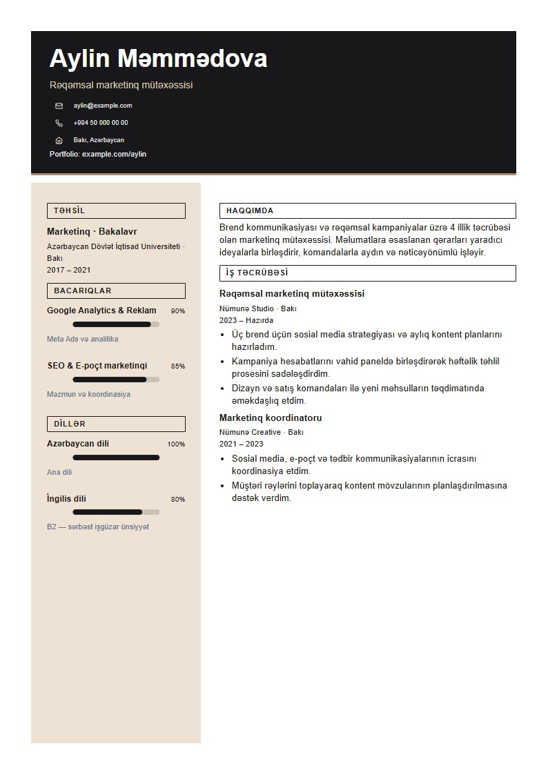 Stil CV şablonunun uydurma məlumatlarla önizləməsi