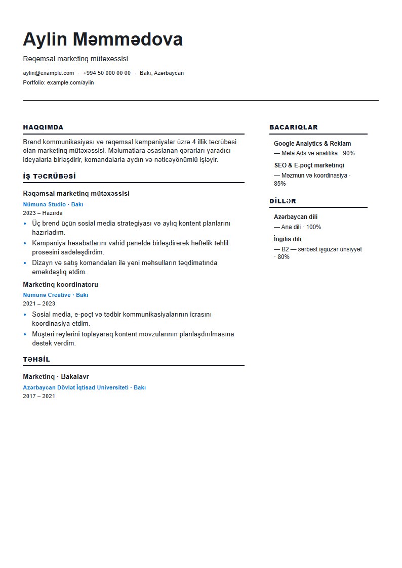 Vektor CV şablonunun uydurma məlumatlarla önizləməsi
